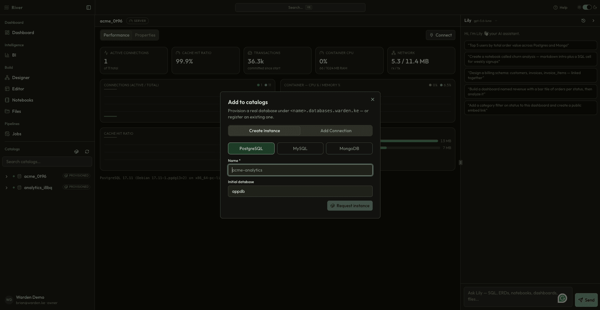 Create Instance and Add Connection panel in River